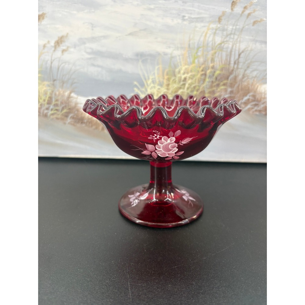 Fenton Ruby Red Glass Pedestal Candy Dish Hand Painted Floral Ruffled Rim Kim L